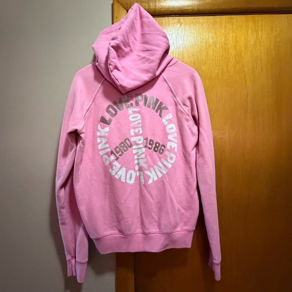 PINK Victoria's Secret Small Hoodie Graphic Sweatshirt White Peacesign Logo Y2K - Picture 3 of 15